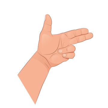 The hand shows various gestures. Vector illustration isolated on white background.