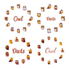 Vector  round frame with owls icon. Cartoon style, flat vector illustration.