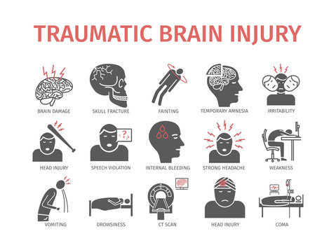 Traumatic Brain Injury Flat Icon. Head Injury Treatment. Vector Signs For Web Graphics.