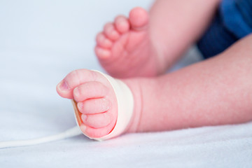 Feet of a newborn baby in hospital with oximeter to measure oxygen saturation 