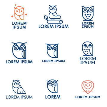 Set of owl outline logos and emblems design elements for schools and educational signs. Logo or label for your company isolated on background.