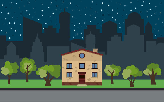 Vector city with two-story cartoon house and green trees at night. Summer urban landscape. Street view with cityscape on a background
