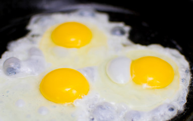 Fried chicken eggs in a frying pan.