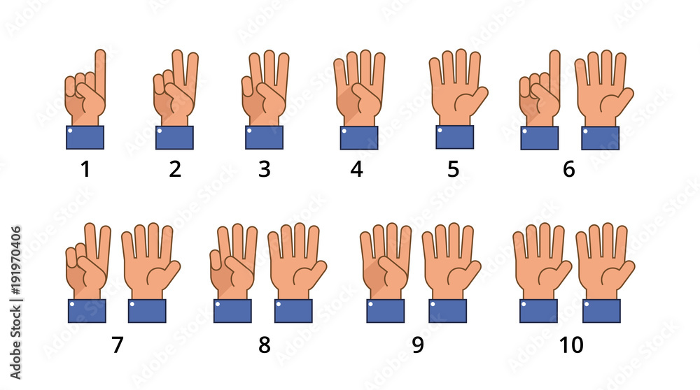 Poster counting hand. countdown gestures, language number flat signs isolated