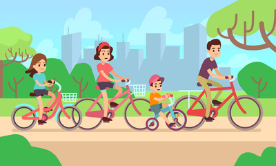 Happy children and parents riding bikes. Active family vector concept