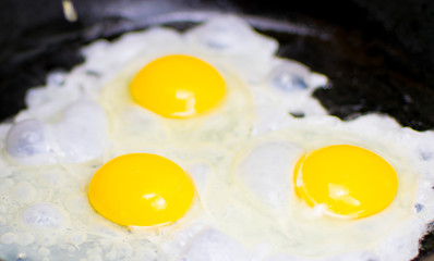 Fried chicken eggs in a frying pan.