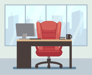Modern boss room with big window and laptop on desk. Empty contemporary office interior. Business vector cartoon background