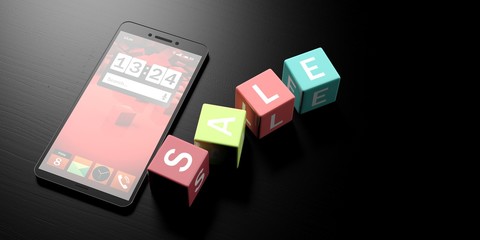 Online sale. Cubes with word sale on them and a smartphone on a black background, banner, copy space. 3d illustration