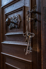 Obraz premium Old Keys in a Keyhole. Old rusty wooden door with keys.