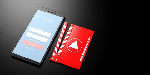 Movie player on smartphone. Login on a smartphone screen and movie player on black background, banner, copy space. 3d illustration