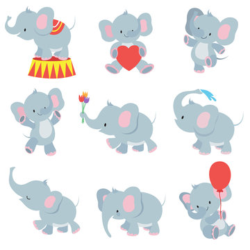 Funny cartoon baby elephants vector collection for kids stickers