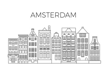 Amsterdam houses city panorama. Dutch street buildings vector skyline