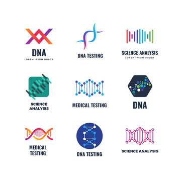 Dna code biotech vector science genetics logo. Helix molecule biotechnology emblems