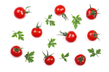 Cherry small tomatoes with parsley leaves isolated on white background. Set or collection. Top view. Flat lay