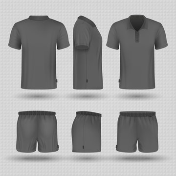 Soccer black sports uniform. Male shorts and t-shirt front, side and back view vector mockup