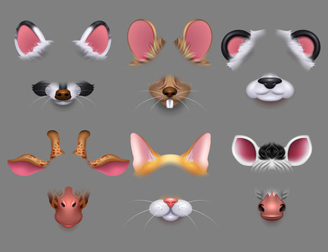 Cute animal ears and nose video effect filters. Funny animals faces masks for mobile phone vector set