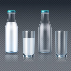 Realistic glass bottles and glasses with milk vector templates isolated