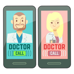 Fototapeta na wymiar Flat mobile doctor, personalized medicine male and female consultant on smartphone