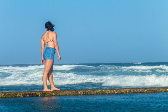 Girl Exploring Beach Ocean Tidal Pool