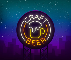 Craft beer logo, label, emblem vector illustration, design emblem in neon style. Neon logo, sign, bright signboard, glowing banner