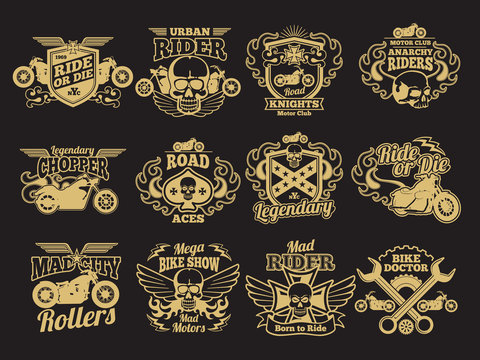 Motorbike club vintage vector patches on black. Motorcycle racing labels and emblems