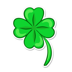 Four leaf green clover. Lucky quatrefoil. Good luck symbol. Cartoon sticker in comic style with contour. Decoration for greeting cards, patches, prints for clothes, emblems