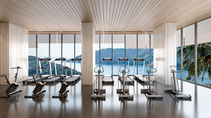 Sea view from fitness room , 3d rendering