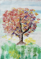 Painting of flowers field and tree