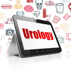 Health concept: Tablet Computer with  red text Urology on display,  Hand Drawn Medicine Icons background, 3D rendering