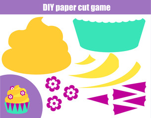 DIY children educational creative game. Paper cutting activity. Make a cupcake with glue