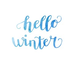 Hello winter. Vector illustration with hand lettering ib vibrant blue color. Modern brush pen calligraphy with bright watercolor texture. Isolated phrase for seasonal typograhy design. 