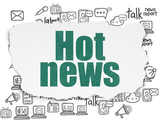 News concept: Painted green text Hot News on Torn Paper background with  Hand Drawn News Icons