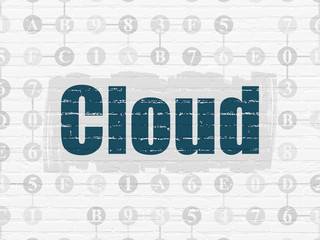Cloud computing concept: Painted blue text Cloud on White Brick wall background with Scheme Of Hexadecimal Code
