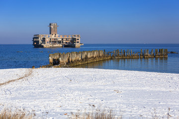 Fototapeta premium World war II torpedo platform at Baltic Sea in Babie Doly, Poland;