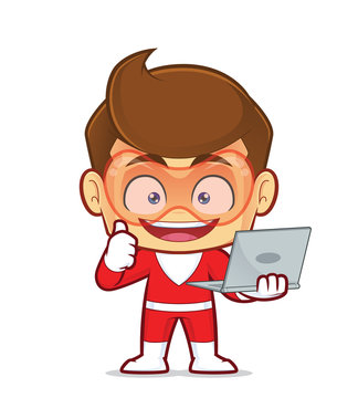 Clipart picture of a superhero cartoon character holding a laptop