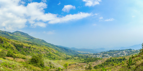 Fototapeta na wymiar Panorama view of cabbage and strawberry farming in the mountains of Phetchabun, Thailand, Agricultural background