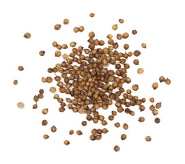 Coriander seeds isolated on white background, top view 