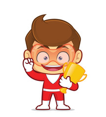 Clipart picture of a superhero cartoon character holding gold trophy
