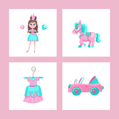 Toys for little princesses. Set of vector cliparts.