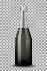 Vector Realistic black with silver closed Champagne bottle isolated on transparent background. Mockup template blank for product packing advertisement.