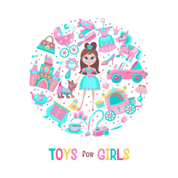 Toys for little princesses. Set of vector cliparts.