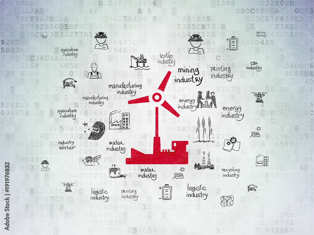 Poster manufacuring concept: painted red windmill icon on digital data paper background with hand drawn ind
