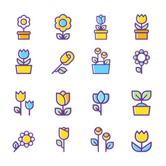 Set of flower line icons. Color Vector Illustration, flat design. 