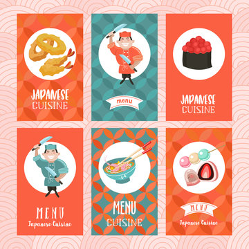 Japanese cuisine. A set of templates of the menu of a Japanese restaurant. traditional Japanese dish. Vector illustration.
