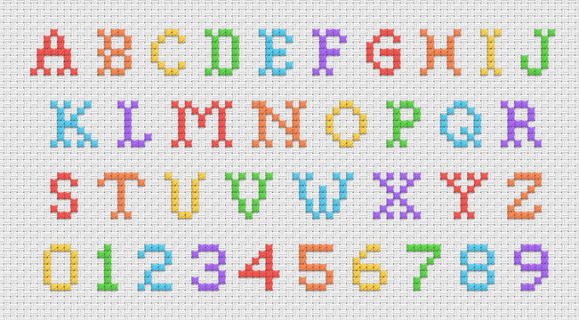 3D illustration - Cross stitch alphabet font.