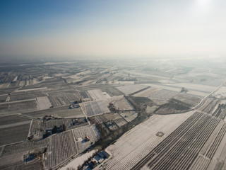 Widoku z lotu ptaka na zimowe sady owocowe w okolicach Czerska i Góry Kalwarii - obrazy, fototapety, plakaty