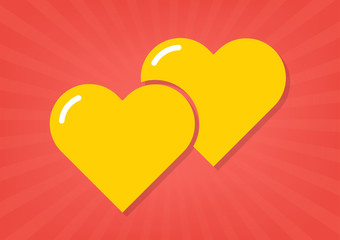 Big love two yellow hearts on red sunray background. Vector illustration love valentine concept.