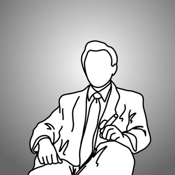 sitting businessman with cigar on his left hand vector illustration doodle sketch hand drawn with black lines isolated on gray background. Business concept.