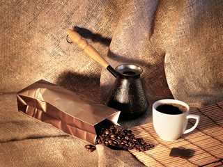 Still life with coffee beans, a Turk and a Cup of coffee