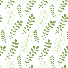 Spring pattern of hand drawn leaves in a light green color palette on a white background. Vector illustration